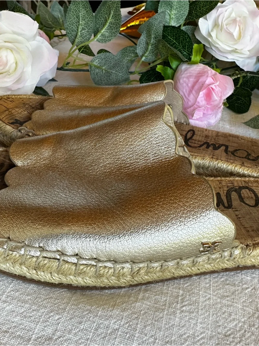 Sam Edelman Metallic Gold Scalloped Espadrille Slide
